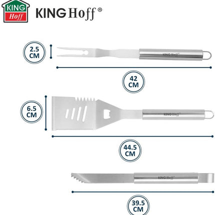 Kinghoff KH-1919 Set Barbecue 3 pièces – Kit Grill en Inox avec Spatule, Fourchette et Pince – Acier Durable, Poignées Ergonomiques – Compatible Kamado