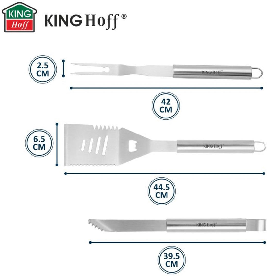 Kinghoff KH-1919 Grillbesteck-Set 3-teilig – Edelstahl-Grillset mit Spatel, Gabel und Zange – Robuster Stahl, ergonomische Griffe – Geeignet für Kamado