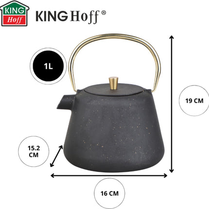Kinghoff Théière en Fonte avec Infuseur - 1 Litre - Noir avec Accents Dorés - Modèle KH1932