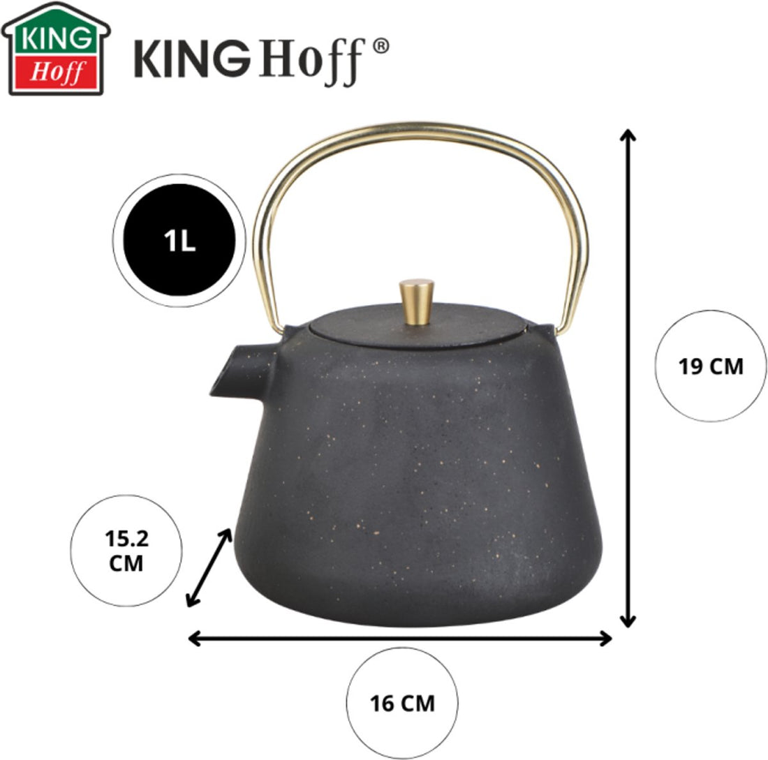 Kinghoff Cast Iron Teapot with Infuser - 1 Liter - Black with Gold Accents - Model KH1932