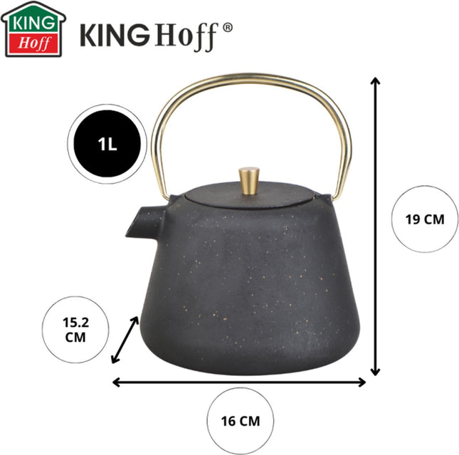 Kinghoff Théière en Fonte avec Infuseur - 1 Litre - Noir avec Accents Dorés - Modèle KH1932