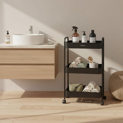 Kinghoff KH-1941 Chariot de rangement mobile à 3 niveaux - Chariot de rangement roulant pour cuisine, salle de bain et bureau - Noir - Organiseur de cuisine - Organiseur de salle de bain