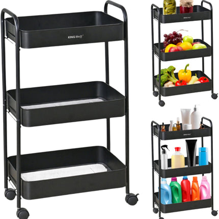 Kinghoff KH-1941 Chariot de rangement mobile à 3 niveaux - Chariot de rangement roulant pour cuisine, salle de bain et bureau - Noir - Organiseur de cuisine - Organiseur de salle de bain