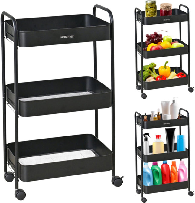 Kinghoff KH-1941 Chariot de rangement mobile à 3 niveaux - Chariot de rangement roulant pour cuisine, salle de bain et bureau - Noir - Organiseur de cuisine - Organiseur de salle de bain