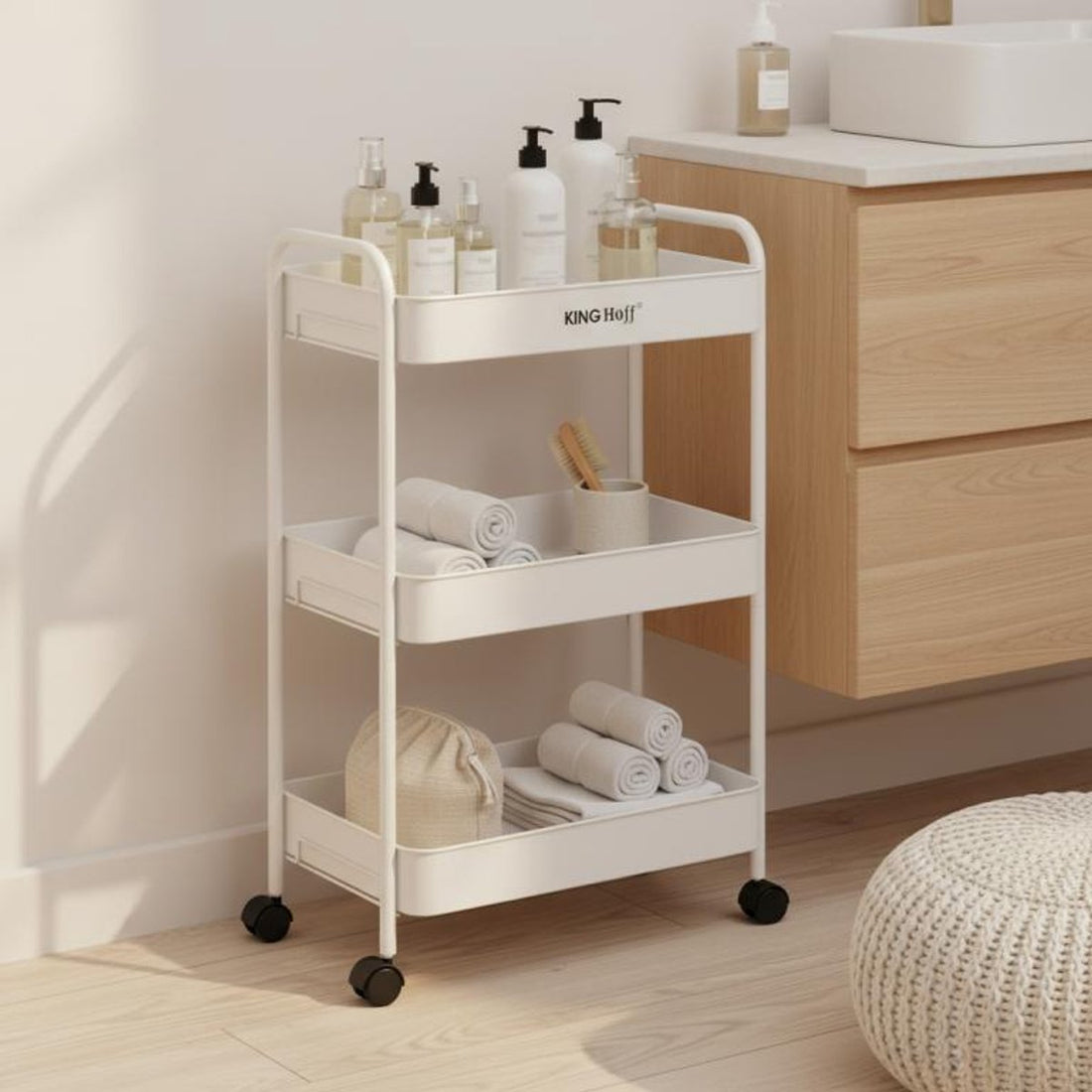 Kinghoff KH-1942 Mobile 3-Tier Shelving Cart - Rolling Storage Cart with Wheels - White - Bathroom Organizer - Kitchen Organizer