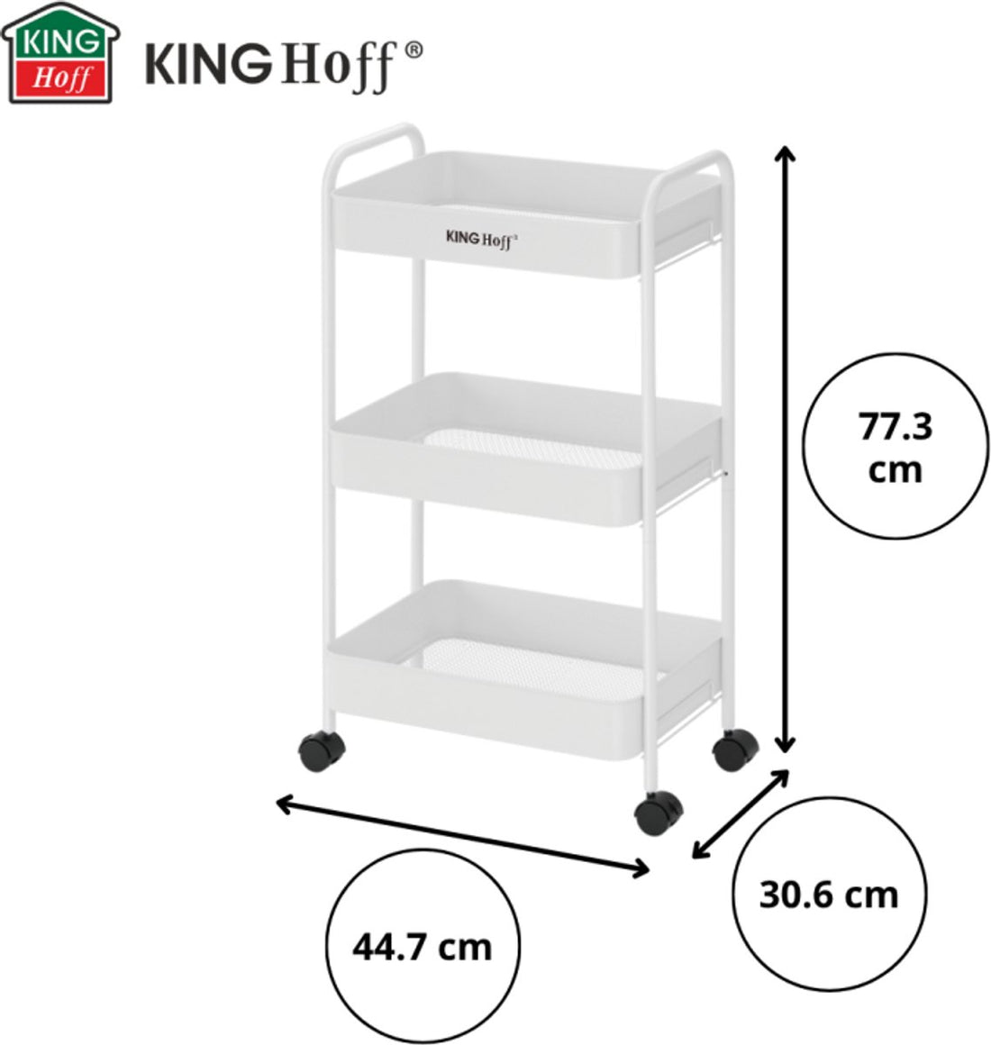 Kinghoff KH-1942 Mobile 3-Tier Shelving Cart - Rolling Storage Cart with Wheels - White - Bathroom Organizer - Kitchen Organizer