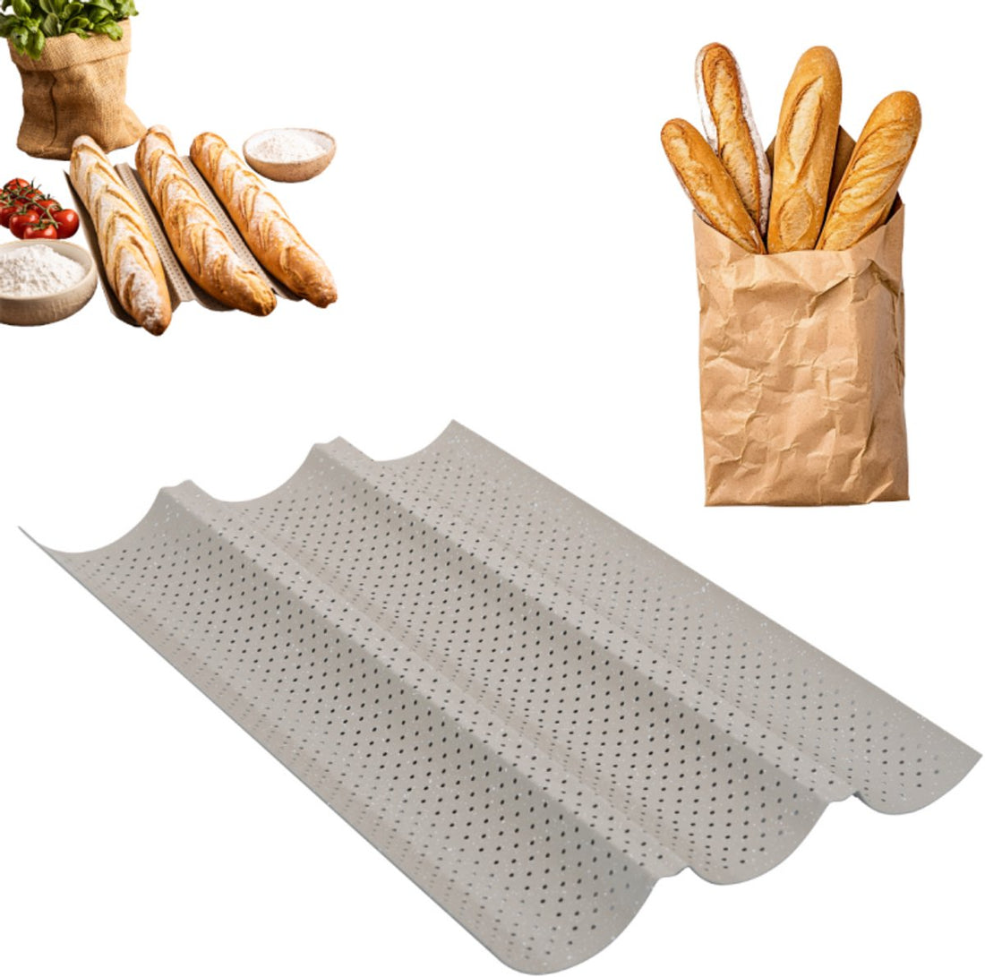 KINGHoff KH-1970 Perforierte Baguetteform - Backblech mit 3 Rillen - Für knusprige Baguettes - 38 x 24,5 cm - Baguetteblech - Ofenrost
