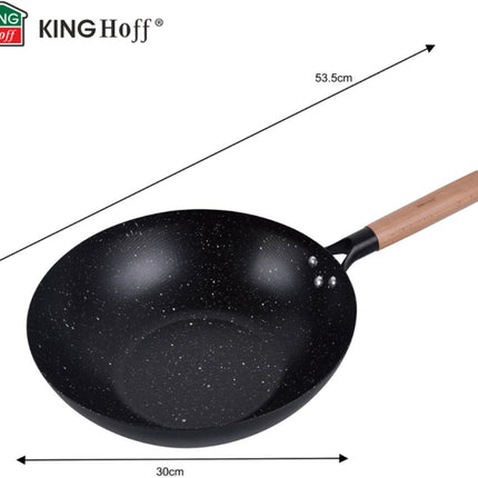 KINGHoff KH1983 Poêle Wok 30 cm - Idéale pour Wok et Sautés - Compatible Tous Feux dont Induction - Manche en Bois - Revêtement Antiadhésif - Wok - Poêle à Frire