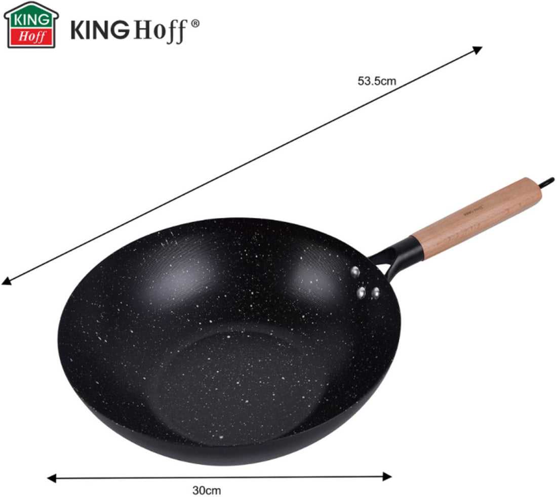 KINGHoff KH1983 Wok Pan 30 cm - Roerpan voor Wokken en Roerbakken - Geschikt voor Alle Kookzones inclusief Inductie - Houten Handvat - Antiaanbaklaag - Wokpan - Roerbakpan