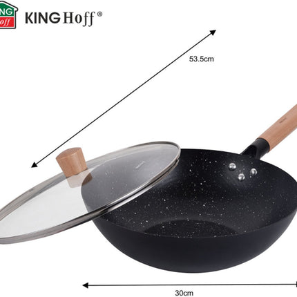 KINGHoff KH1984 Wok 30 cm avec Couvercle - Poêle à Frire pour Cuisine Asiatique - Compatible Tous Feux dont Induction - Manche en Bois - Revêtement Antiadhésif