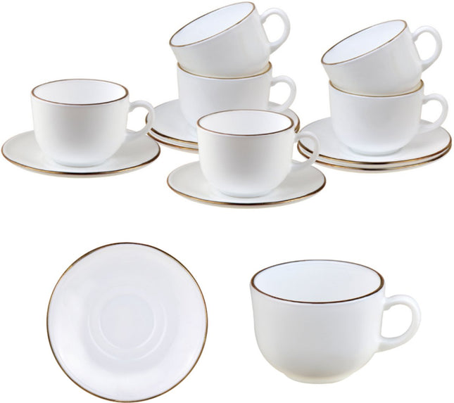 KingHoff Service à Café 12 pièces - Tasses à café en verre opale blanc avec bord doré - 210 ml - Service pour 6 personnes