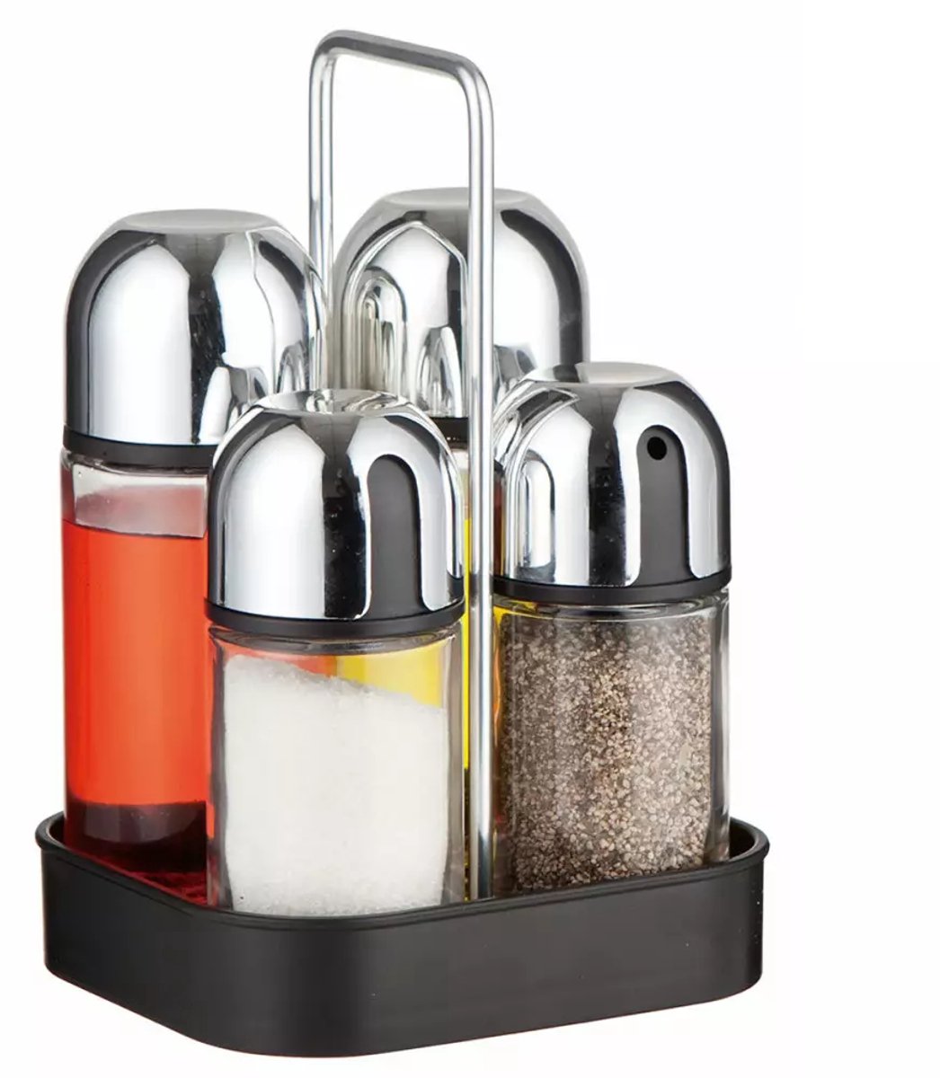 Spice Set - 5-Piece, Glass and Stainless Steel - With Drip-Free Dispensers and Stylish Tray - Salt / Pepper Set - Spice Rack