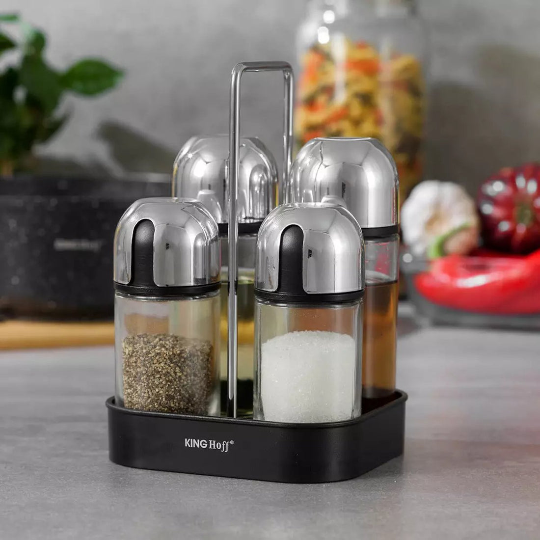 Spice Set - 5-Piece, Glass and Stainless Steel - With Drip-Free Dispensers and Stylish Tray - Salt / Pepper Set - Spice Rack
