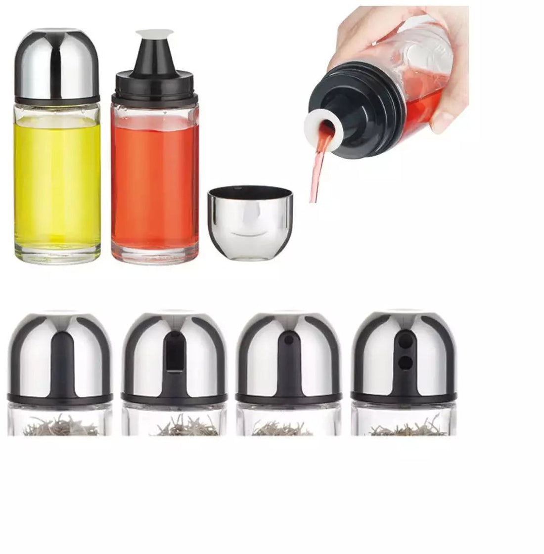 Spice Set - 5-Piece, Glass and Stainless Steel - With Drip-Free Dispensers and Stylish Tray - Salt / Pepper Set - Spice Rack