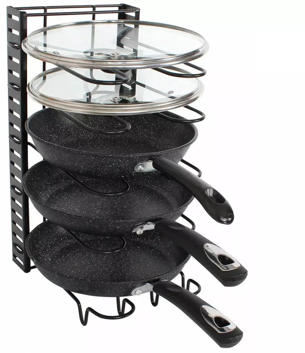 Pfannenorganizer - 5 Fächer - Schwarz - 25,5 x 20,5 x 38 cm - Aufbewahrungsregal für Pfannen, Töpfe und Deckel