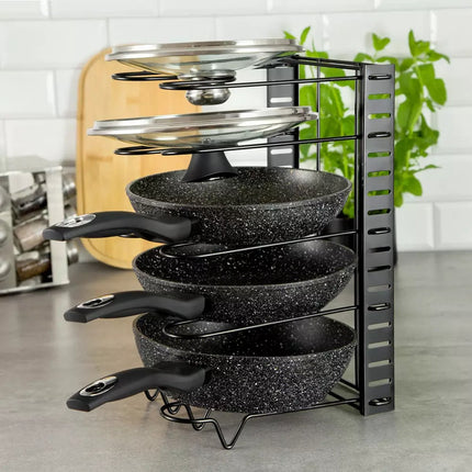 Organisateur de casseroles - 5 Compartiments - Noir - 25,5 x 20,5 x 38 cm - Étagère de rangement pour casseroles, poêles et couvercles