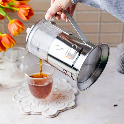 Kinghoff Théière en Verre et Inox - 0,8 Litre - Pour un Thé et un Café Savoureux - Compatible Lave-vaisselle - Cafetière à Piston