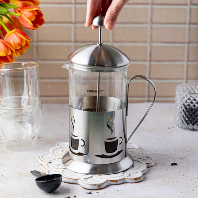 Kinghoff Théière en Verre et Inox - 0,8 Litre - Pour un Thé et un Café Savoureux - Compatible Lave-vaisselle - Cafetière à Piston