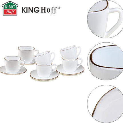 KingHoff Service à Café 12 pièces Carré - Tasses à Café en Verre Opale Blanc avec Bord Doré - 220 ml - Design Moderne - Service à Café et Sous-tasses