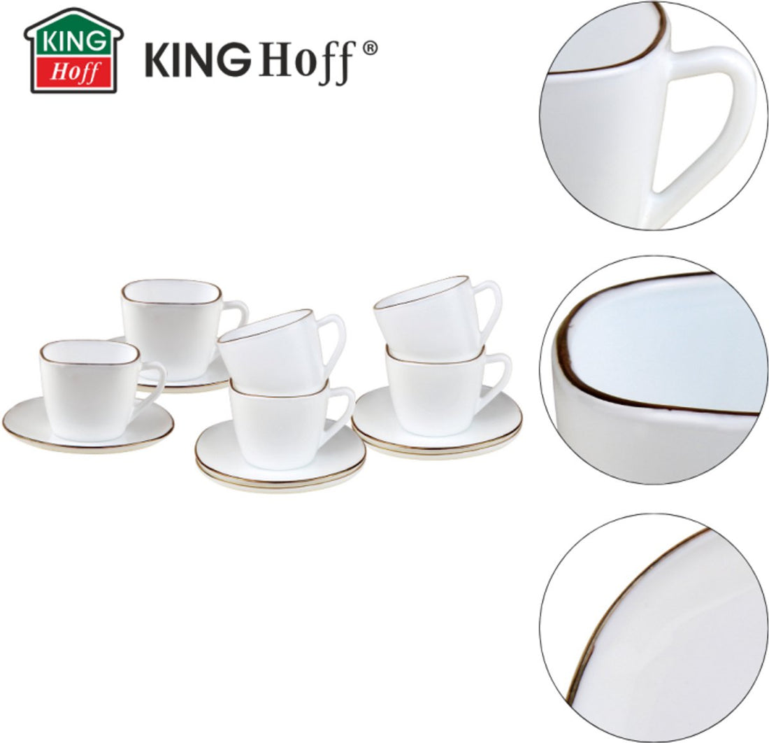 KingHoff Vierkante Kop en Schotel Set 12-delig - Wit Opaalglazen Koffiekopjes met Gouden Rand - 220 ml - Modern Design - Koffieset Schotelset