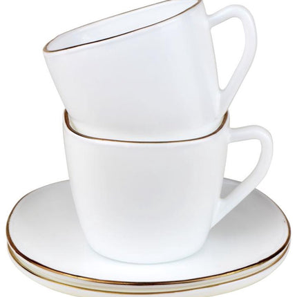 KingHoff Service à Café 12 pièces Carré - Tasses à Café en Verre Opale Blanc avec Bord Doré - 220 ml - Design Moderne - Service à Café et Sous-tasses