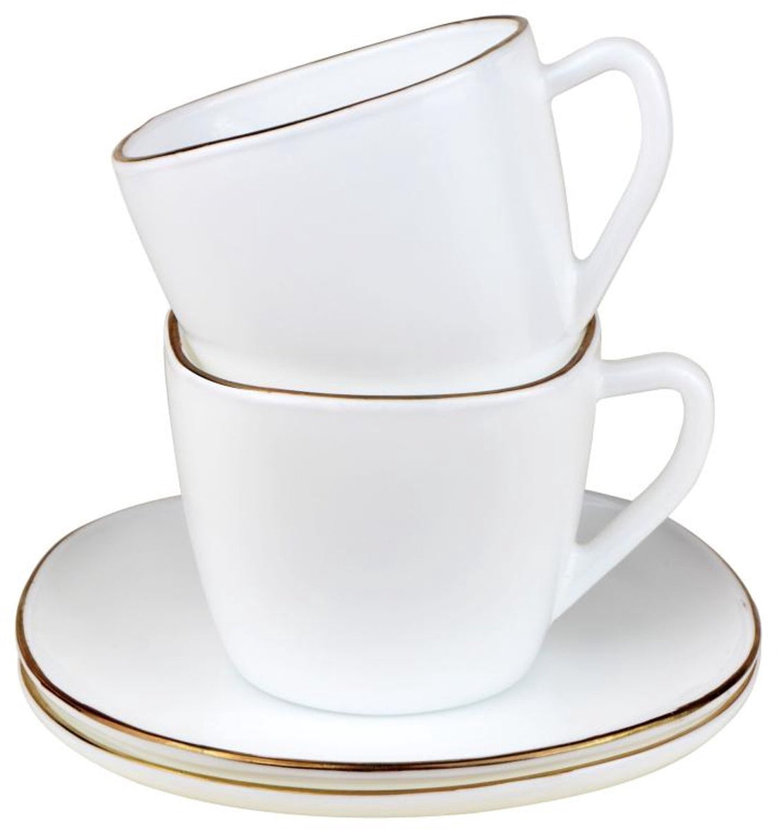 KingHoff Vierkante Kop en Schotel Set 12-delig - Wit Opaalglazen Koffiekopjes met Gouden Rand - 220 ml - Modern Design - Koffieset Schotelset