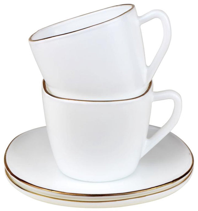 KingHoff Service à Café 12 pièces Carré - Tasses à Café en Verre Opale Blanc avec Bord Doré - 220 ml - Design Moderne - Service à Café et Sous-tasses