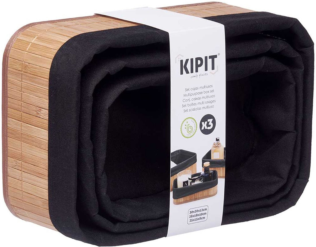 Kipit Badkamer/toilet ruimte opbergmandjes - bamboe/stof zwart - set 3x stuks - verschillende formaten
