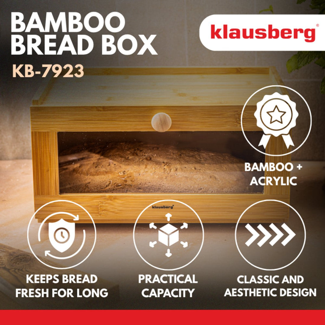 KLAUSBERG Bamboo Bread Box With Acrylic Front - 35.5 x 24 x 18 cm - Natural Bread Storage - KB-7923 - Bread Bin - Bread Keeper