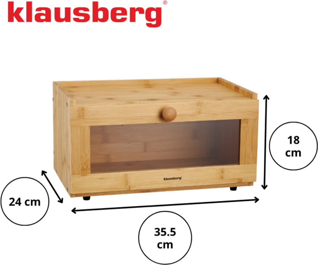 KLAUSBERG Bamboo Bread Box With Acrylic Front - 35.5 x 24 x 18 cm - Natural Bread Storage - KB-7923 - Bread Bin - Bread Keeper