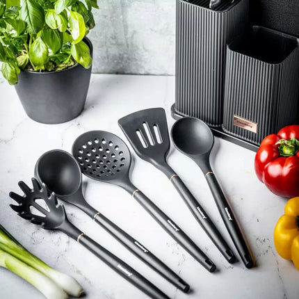 Set de cuisine 12 pièces avec couteaux, outils et planche à découper - Noir - Support de rangement inclus