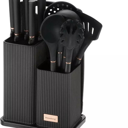 Set de cuisine 12 pièces avec couteaux, outils et planche à découper - Noir - Support de rangement inclus