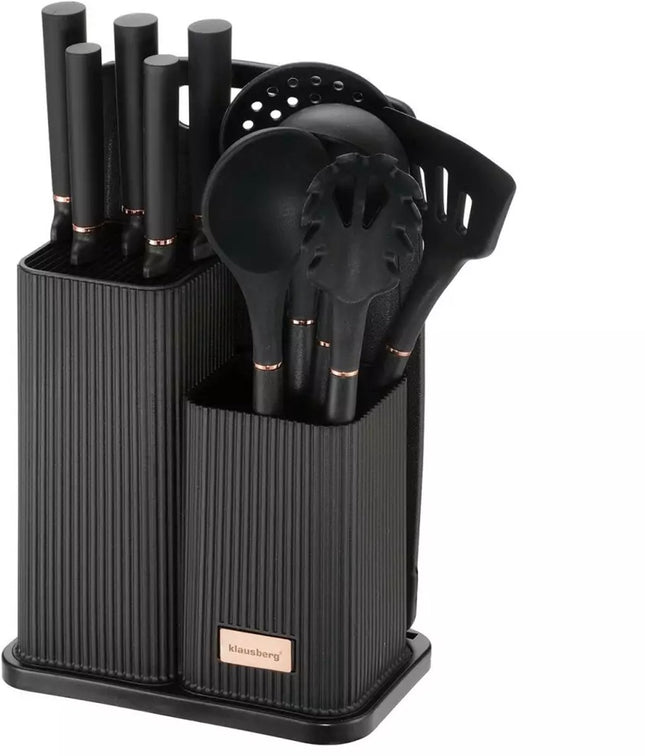 Set de cuisine 12 pièces avec couteaux, outils et planche à découper - Noir - Support de rangement inclus