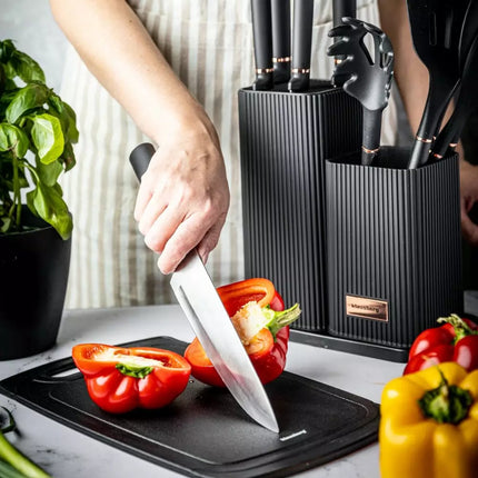 Set de cuisine 12 pièces avec couteaux, outils et planche à découper - Noir - Support de rangement inclus