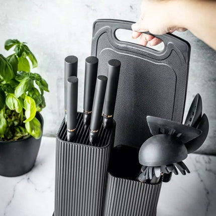 Set de cuisine 12 pièces avec couteaux, outils et planche à découper - Noir - Support de rangement inclus