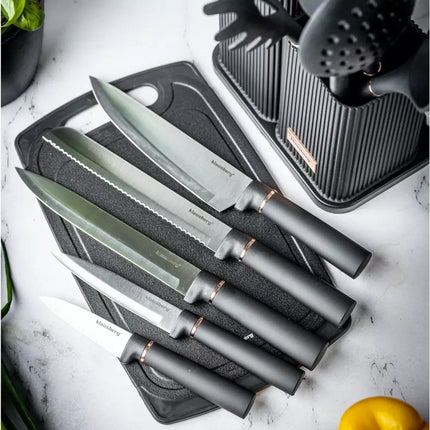 Set de cuisine 12 pièces avec couteaux, outils et planche à découper - Noir - Support de rangement inclus