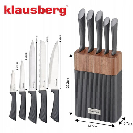 KLAUSBERG Set de Couteaux 6 Pièces – Bloc en Bois d'Acacia – Acier Inoxydable – Manches Antidérapants Gris – KB-7979
