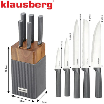 KLAUSBERG Set de 6 Couteaux avec bloc – Bloc en bois d'acacia – Couteaux de cuisine en acier inoxydable – Poignées en graphite – KB-7982