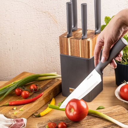KLAUSBERG Set de 6 Couteaux avec bloc – Bloc en bois d'acacia – Couteaux de cuisine en acier inoxydable – Poignées en graphite – KB-7982