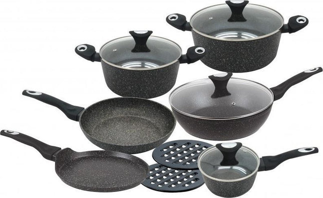 Klausberg 7201 pannenset - 12 delig - keramische/marmer coating - gesmeed aluminium - alle warmtebronnen - non stick - inductie - zwart