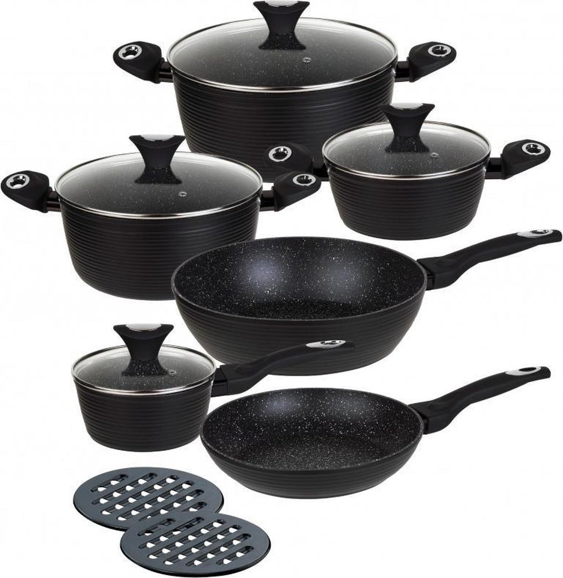 Klausberg 7244 pannenset – 12 delig – Marmer / Keramisch - Gesmeed Aluminium – Alle warmtebronnen - Zwart
