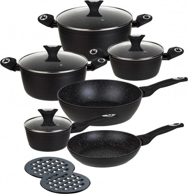 Klausberg 7244 – Set de 12 casseroles et poêles – Revêtement Marbre/Céramique – Aluminium forgé – Tous feux – Noir