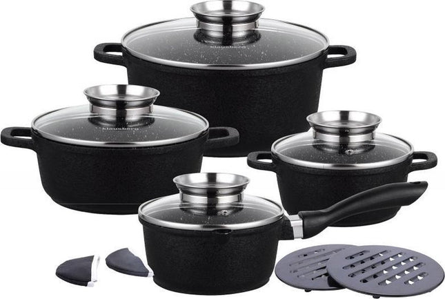 Klausberg - Set de 12 casseroles et poêles - noir - revêtement marbre