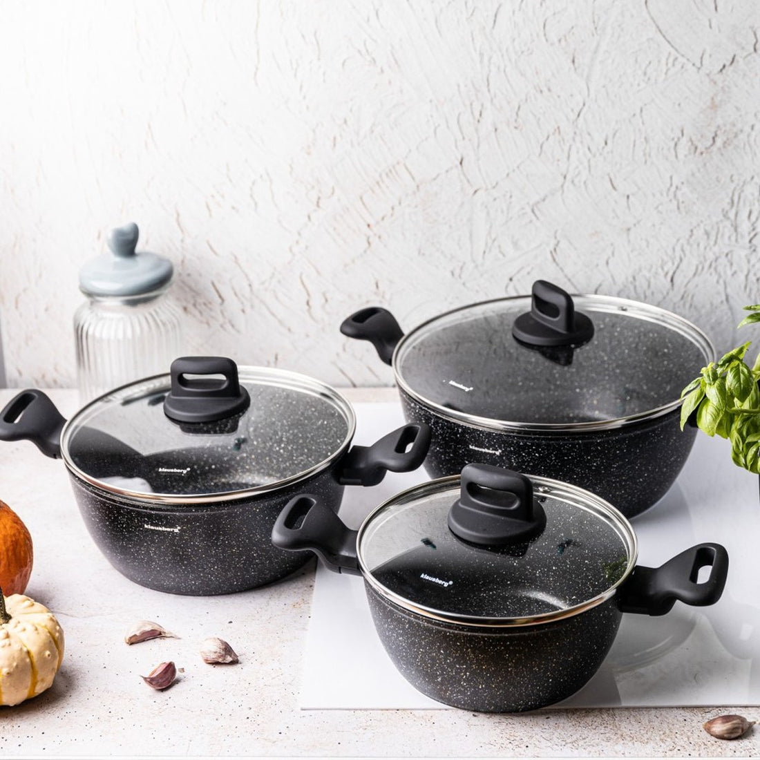 Klausberg - 6-teiliges Topfset - Kochtöpfe - 20-24-28 cm - schwarz - mit Deckel