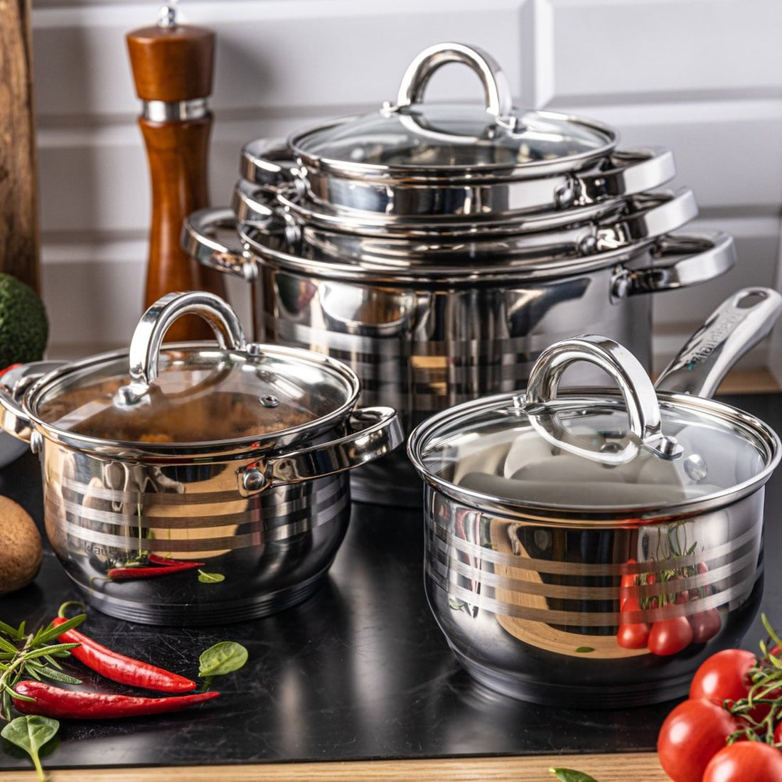 Klausberg 7697 pannenset 10-delig – RVS kookpannen 16 tot 24 cm met deksel – foto 3