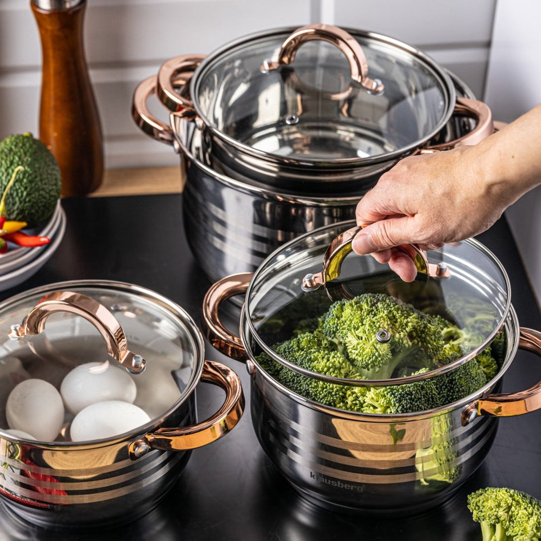 Klausberg 7699 - 8-piece cookware set - cooking pots - 16-18-20-24 cm - with lids - golden rose