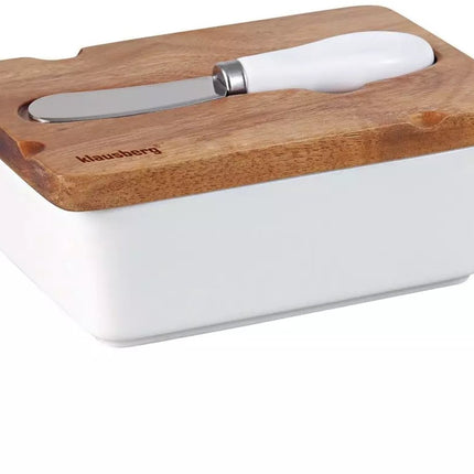 Beurrier en Céramique - Blanc, Couvercle en Bois d'Acacia et Couteau à Beurre - Élégant et Fonctionnel - Beurrier - Boîte de Conservation Fromage