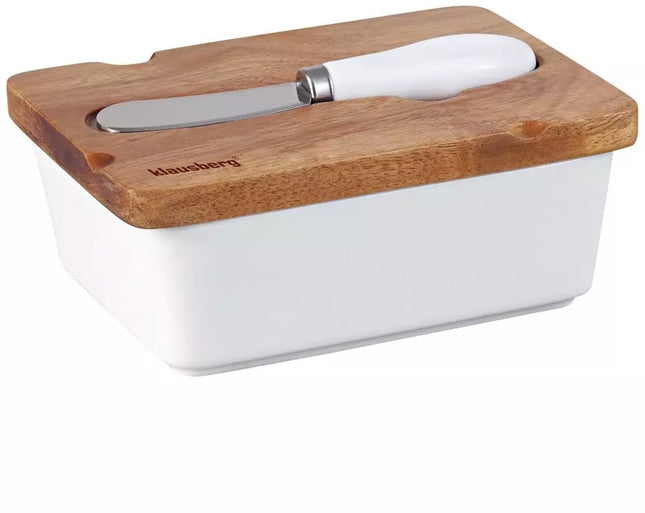 Beurrier en Céramique - Blanc, Couvercle en Bois d'Acacia et Couteau à Beurre - Élégant et Fonctionnel - Beurrier - Boîte de Conservation Fromage