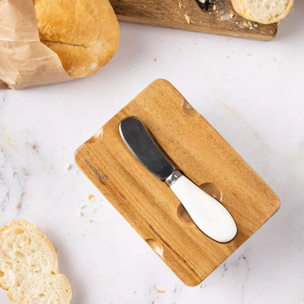 Beurrier en Céramique - Blanc, Couvercle en Bois d'Acacia et Couteau à Beurre - Élégant et Fonctionnel - Beurrier - Boîte de Conservation Fromage