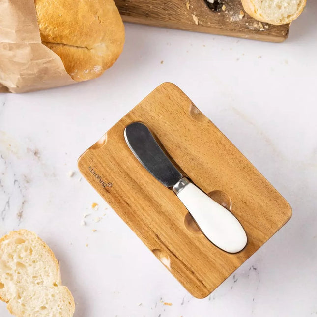 Beurrier en Céramique - Blanc, Couvercle en Bois d'Acacia et Couteau à Beurre - Élégant et Fonctionnel - Beurrier - Boîte de Conservation Fromage